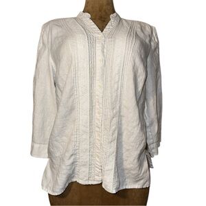 JM Collection White LINEN  Blouse w/ eyelet embroidery, button up long sleeve 14